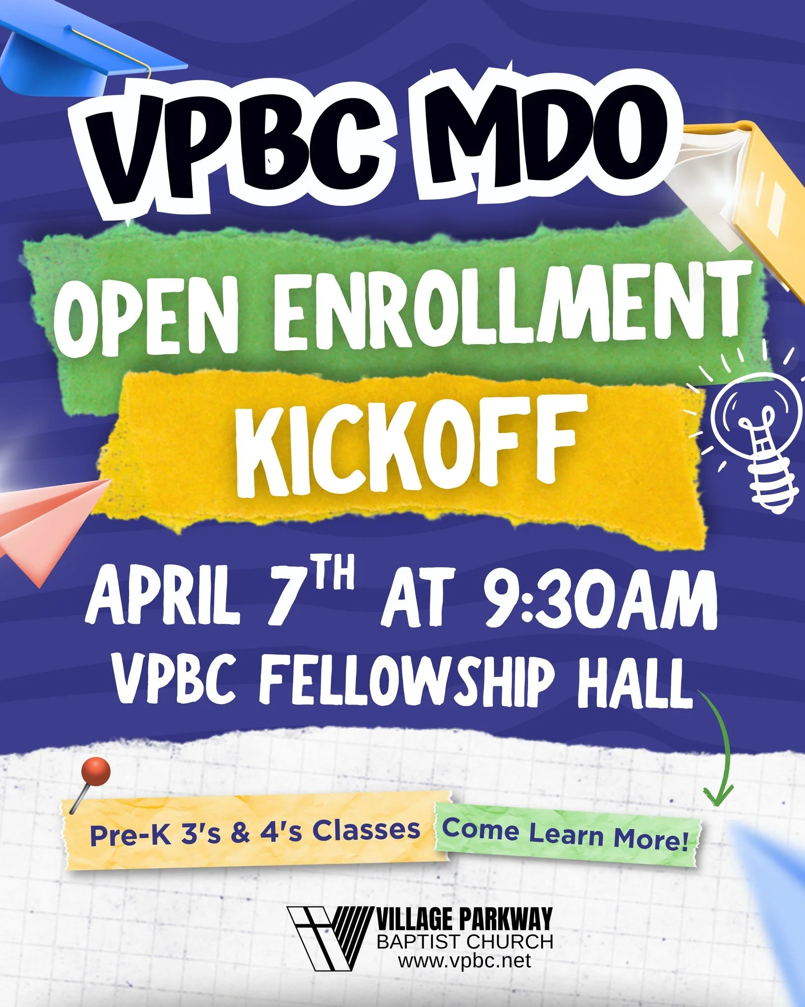 Mother's Day Out will kick off our Open Enrollment for new families on Tuesday, April 7th at 9:30 a.m. in the VPBC Fellowship Hall! 

Come learn more about our program and enroll your little one.

#SanAntonioKids #SanAntonioMoms #villageparkwaybaptis