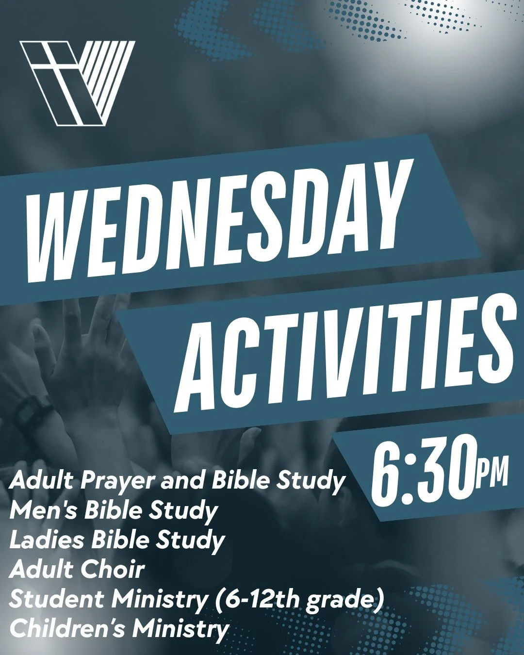 Join us tonight at 6:30 PM for Wednesday Evening Activities

- Adult Prayer and Bible Study

- Men's Bible Study

- Ladies Bible Study

- Adult Choir

- Student Ministry (6-12th grade)

- Children&rsquo;s Ministry