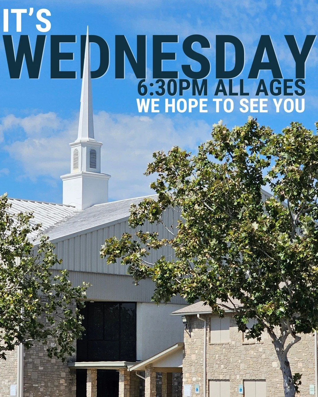 It is the middle of the week...do you have plans? 

Come visit us at Village Parkway!

We start our midweek services at 6:30pm tonight for all ages. 

We hope to see you soon. 

3002 Village Parkway 
San Antonio, Texas 78251 

#sanatoniochurches #mil