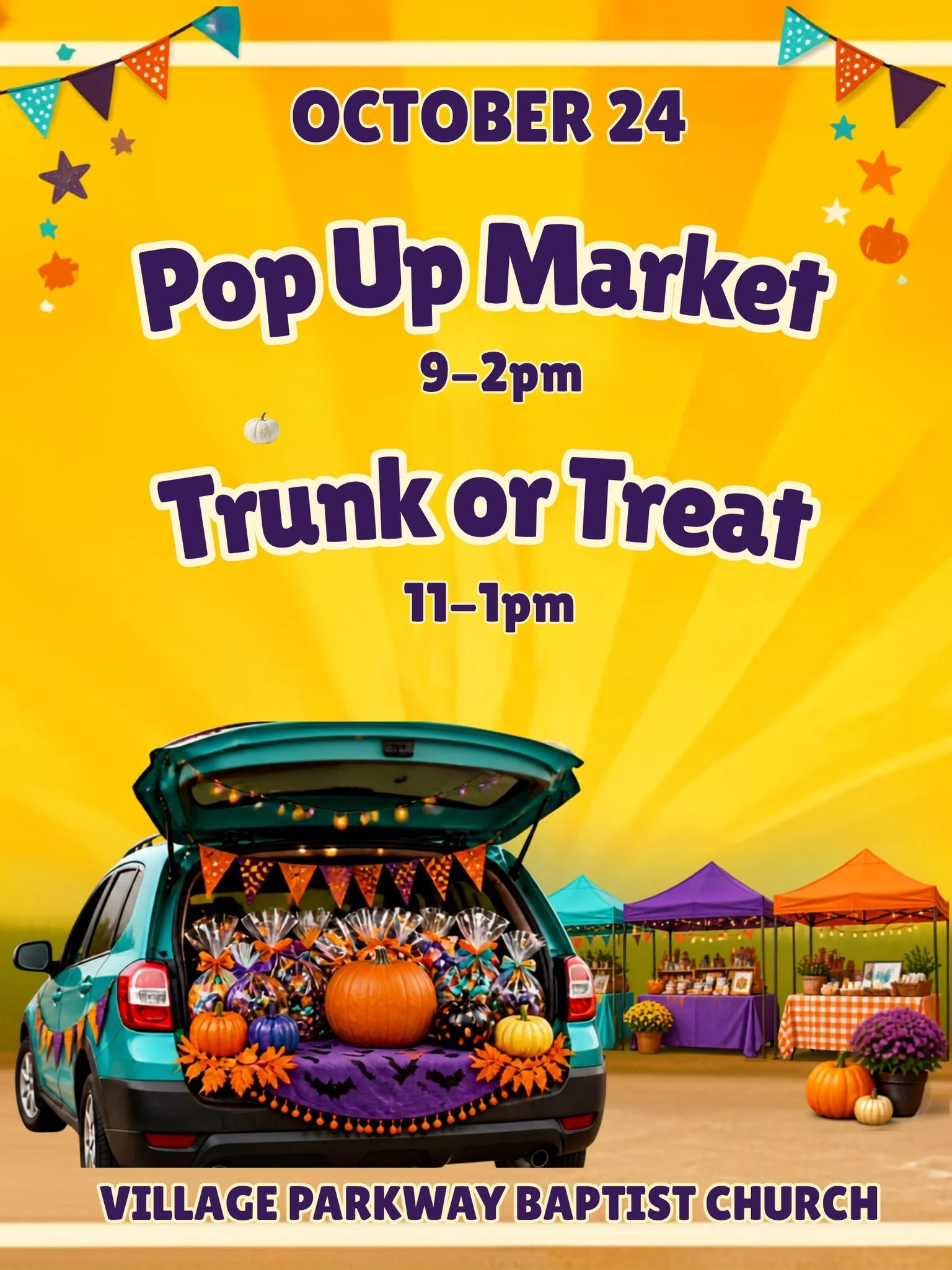 We are holding our Annual Fall Pop Up Market (9am - 2pm) &amp; Trunk or Treat (11am - 1pm) right here at Village Parkway on October 24th. 

Meet our Vendors:
Kim Possible (home crafts, crochet animals, 3d imaging)
Rise On Sourdough
Creative Wood Desi