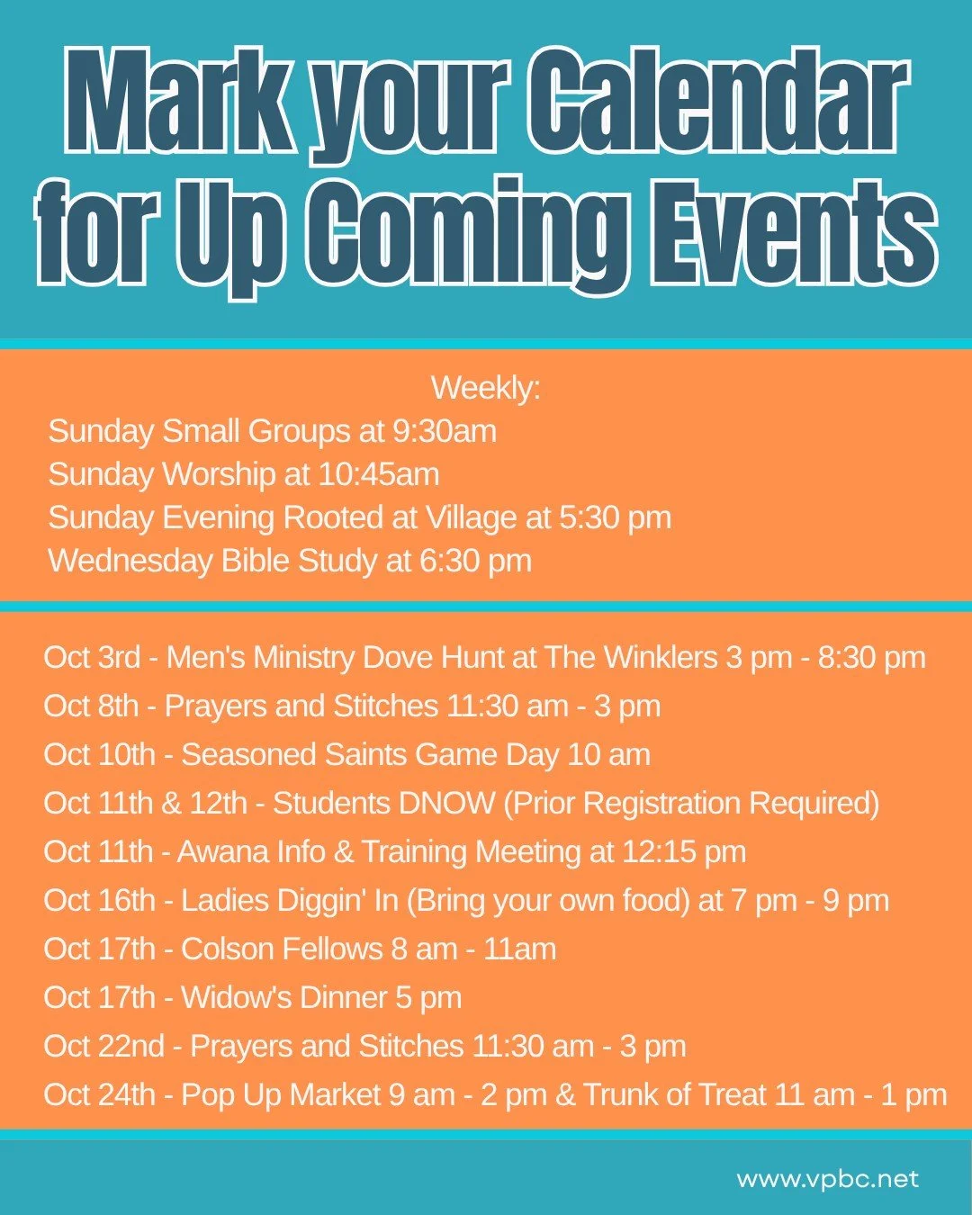 Church Family there's a lot happening this month and we don't want you to miss any of it. 

Mark your calendar, invite your friends and family!

Weekly:
Sunday Small Groups at 9:30am
Sunday Worship at 10:45am
Sunday Evening Rooted at Village at 5:30 
