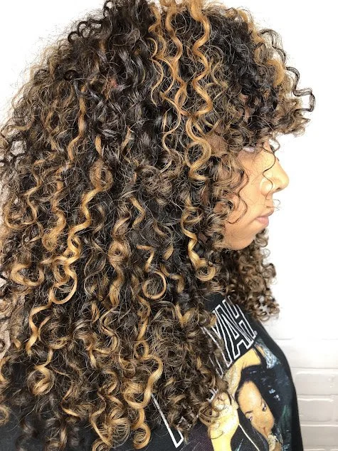 Side profile of a woman with voluminous, tight, curly hair with light brown highlights.