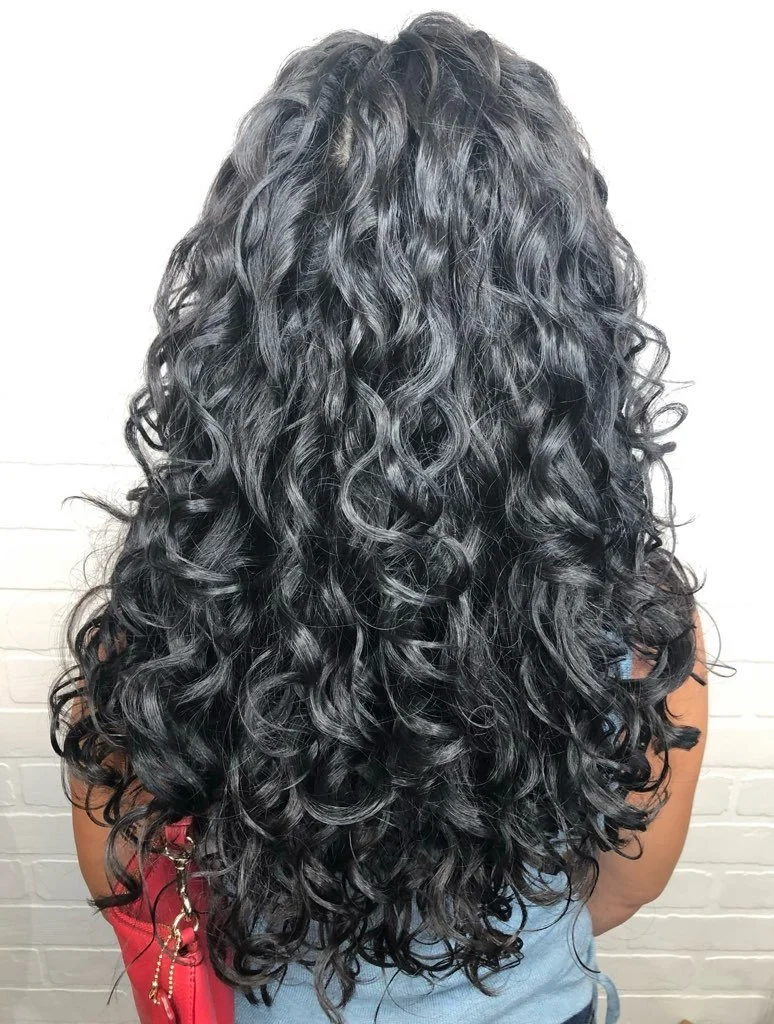 Back view of a woman with long, black, curly hair