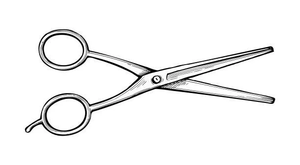 Black and white drawing of hair thinning scissors with rounded finger holes.