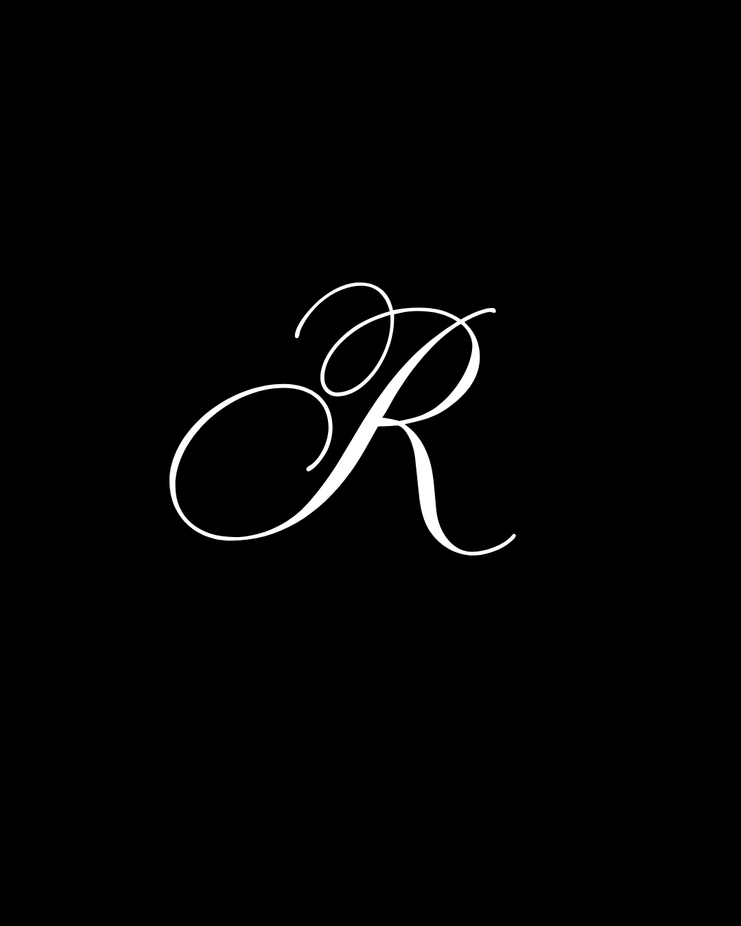 White cursive letter 'R' on a black background
