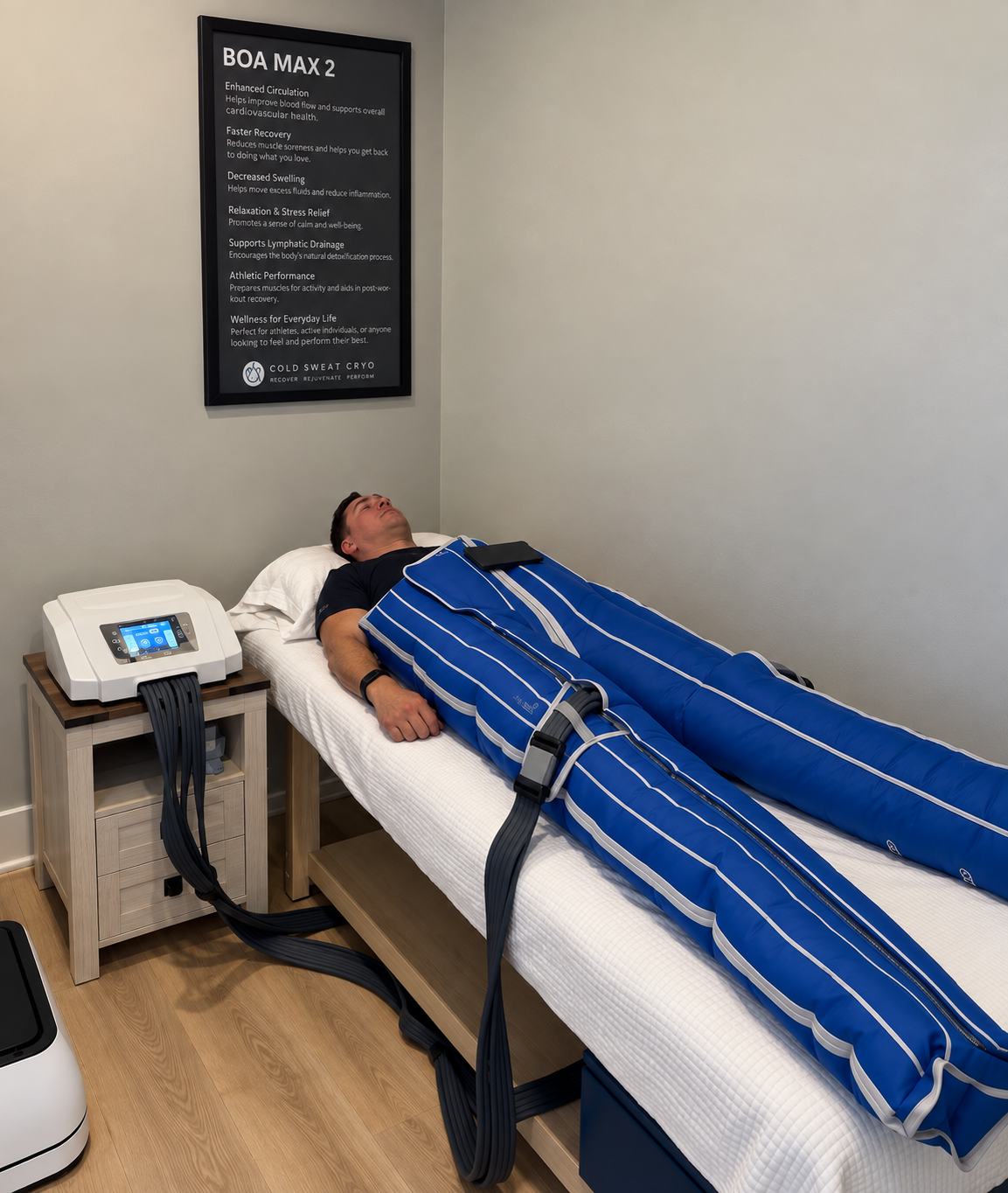 Person lying on a bed connected to a cryotherapy machine with a blue suit around their body in a wellness or recovery clinic.