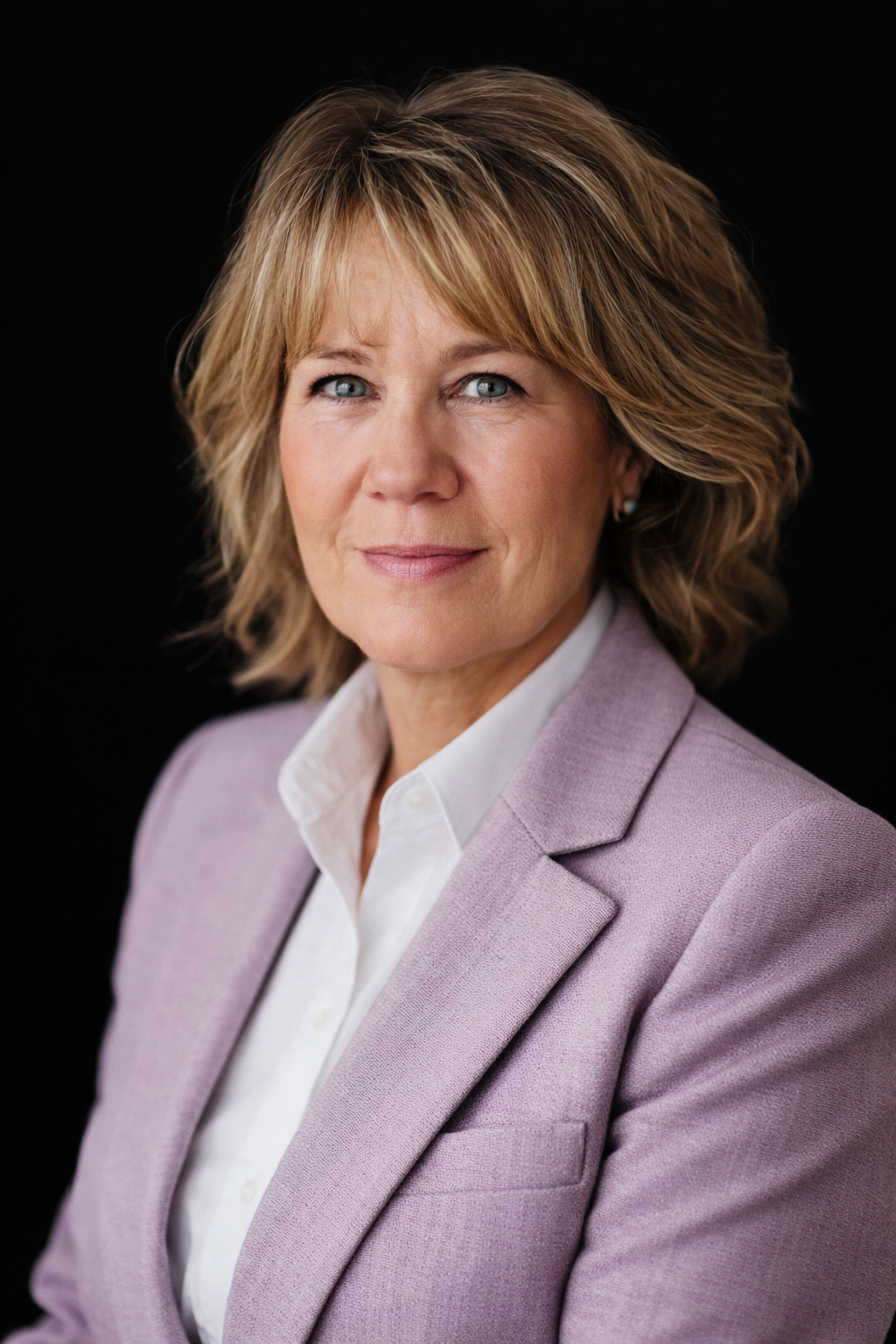 Cathy Hall, a director of the board, is a woman with shoulder-length light brown hair and blue eyes, wearing a relaxed knit sweater, smiling at the camera with a background with warm orange lights.