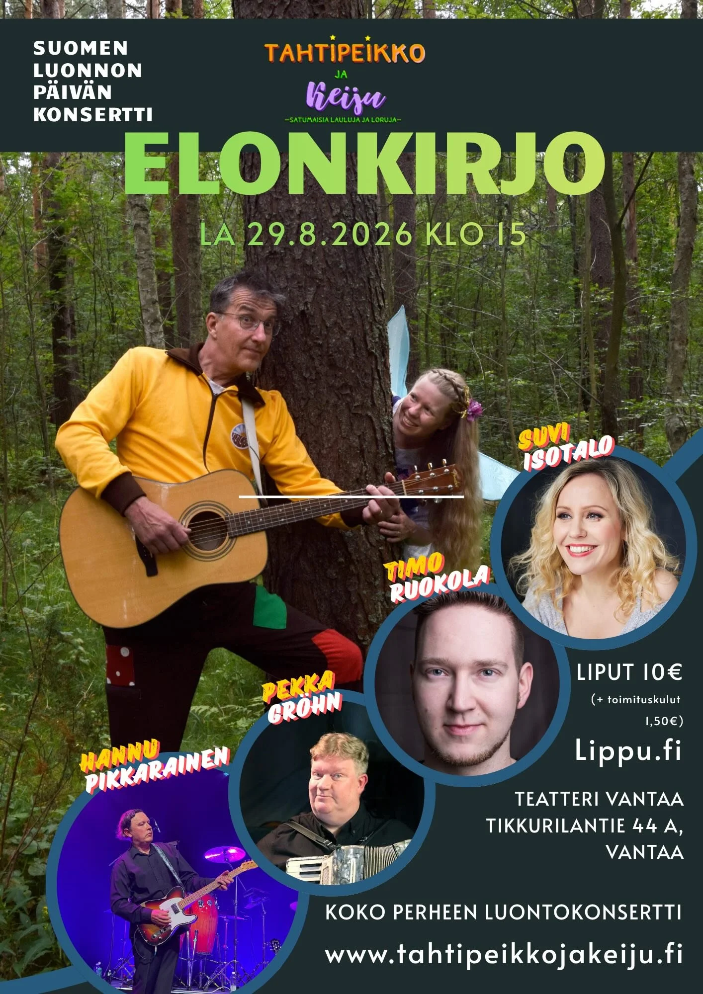 Elonkirjo konsertin juliste, jossa on peikko ja keiju ja orkesteri
