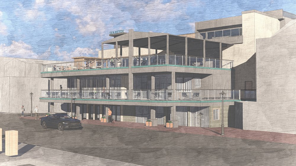 Rendering of a modern multi-story building with outdoor terraces, glass railings, and a sign that reads 'Sea Ketch' on the rooftop.