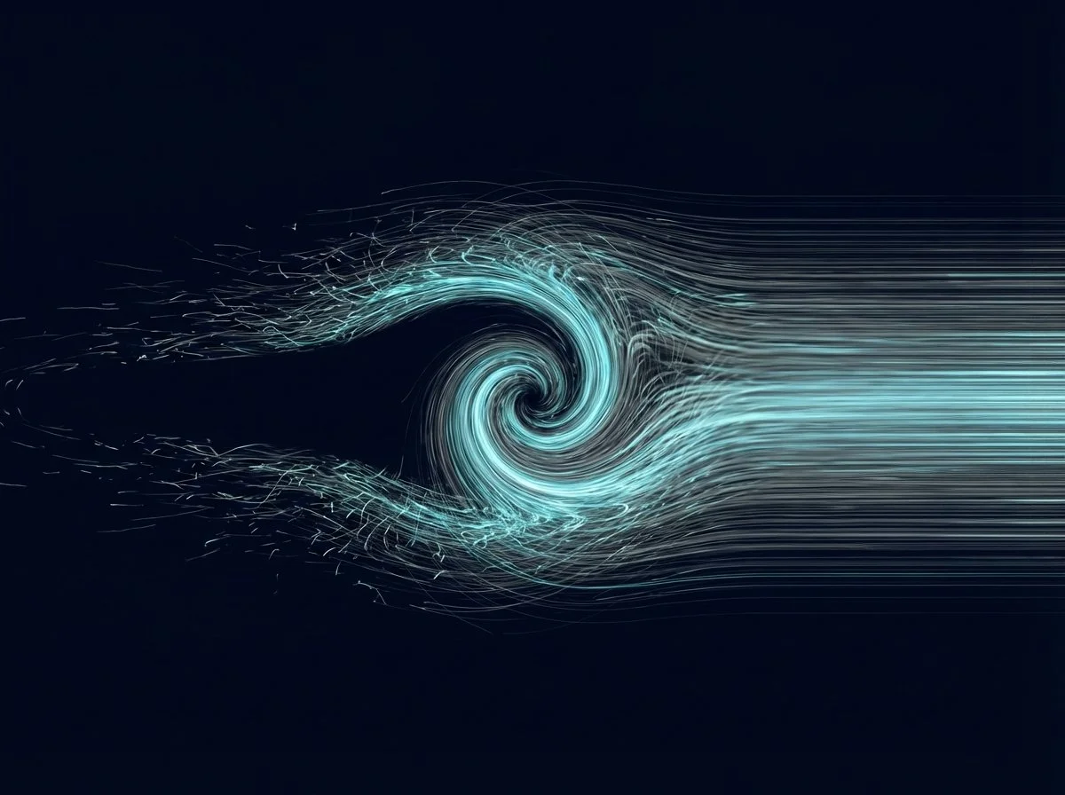 An abstract, top-down orthographic visualization of a moving singularity capturing a chaotic flow of information trails.