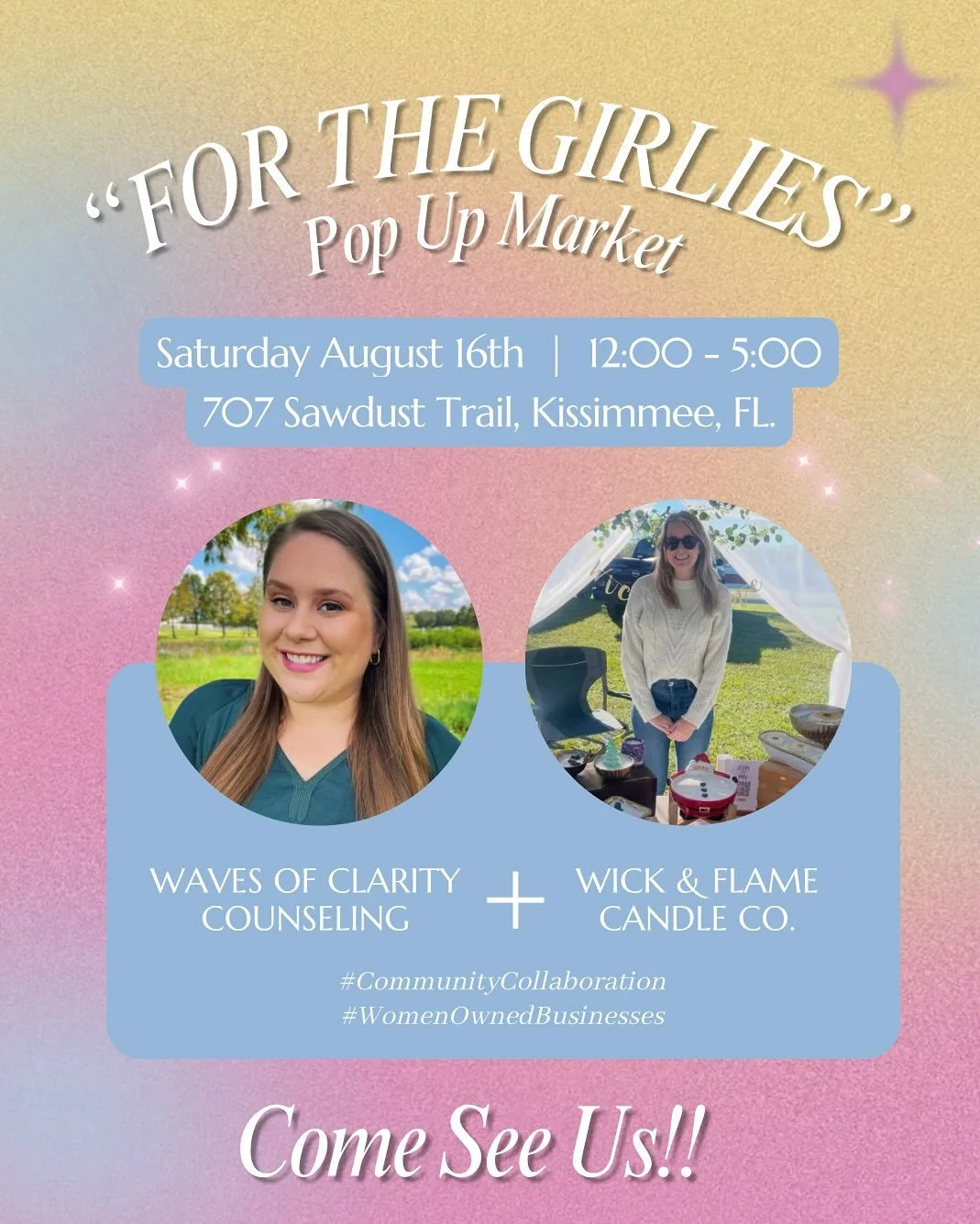 🎉 UPCOMING EVENT! ✨ Come enjoy our community collaboration between Waves of Clarity Counseling and Wick &amp; Flame Candle Co. at the &ldquo;For The Girlies&rdquo; Pop Up Market Saturday, August 16! 

Our tent will have a wellness blend of handmade 