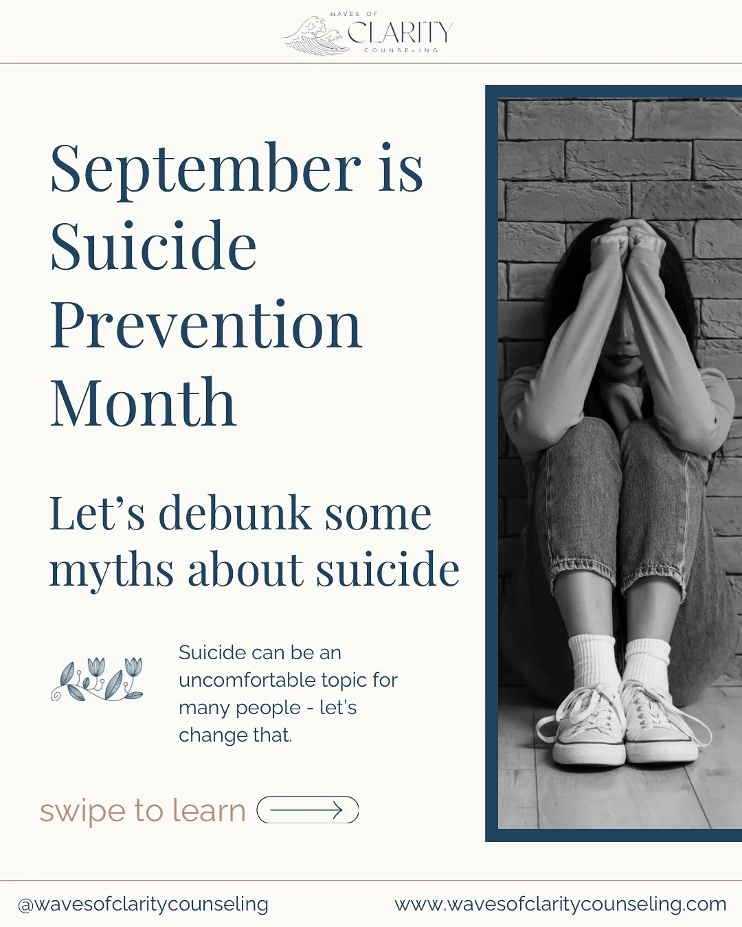 September is Suicide Prevention Month.
By challenging myths and sharing facts, we can create space for hope, healing, and connection. Let&rsquo;s talk openly, listen with compassion, and remind others they are never alone. 💛

If you or someone you k