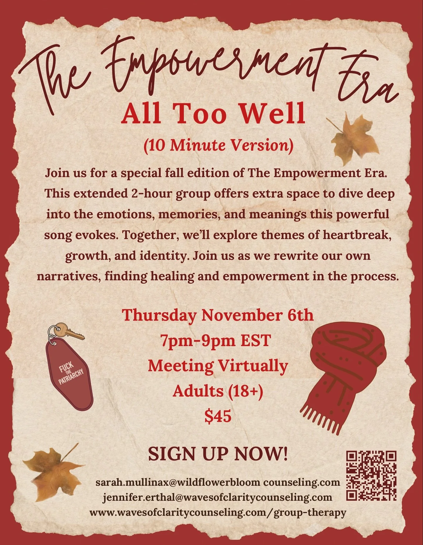 Join us for a special 2-hour version of The Empowerment Era, featuring the song All Too Well (10 Minute Version) ❤️ Spots are limited, so don&rsquo;t wait to sign up! 

#TheEmpowermentEra
#AllTooWell10MinuteVersion
#TaylorSwiftInspired
#SwiftieSuppor