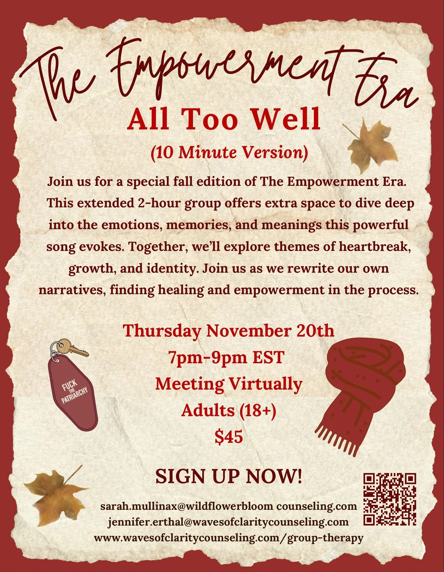 ** DATE CHANGE** Join us for a special 2-hour version of The Empowerment Era, featuring the song All Too Well (10 Minute Version) ❤️ Spots are limited, so don&rsquo;t wait to sign up! 

#TheEmpowermentEra
#AllTooWell10MinuteVersion
#TaylorSwiftInspir