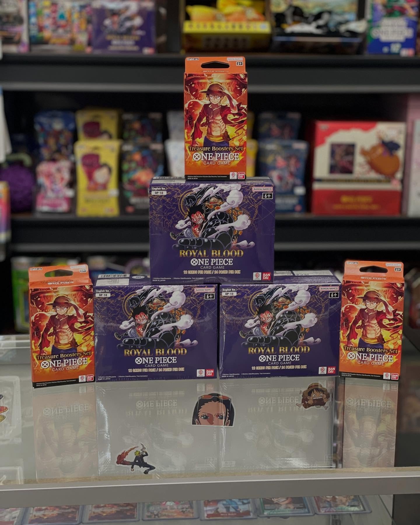 One Piece 10 Royal Blood is now available! As well as Treasure Boosters are now back in stock. Swing by the shop to pick up a box today!
