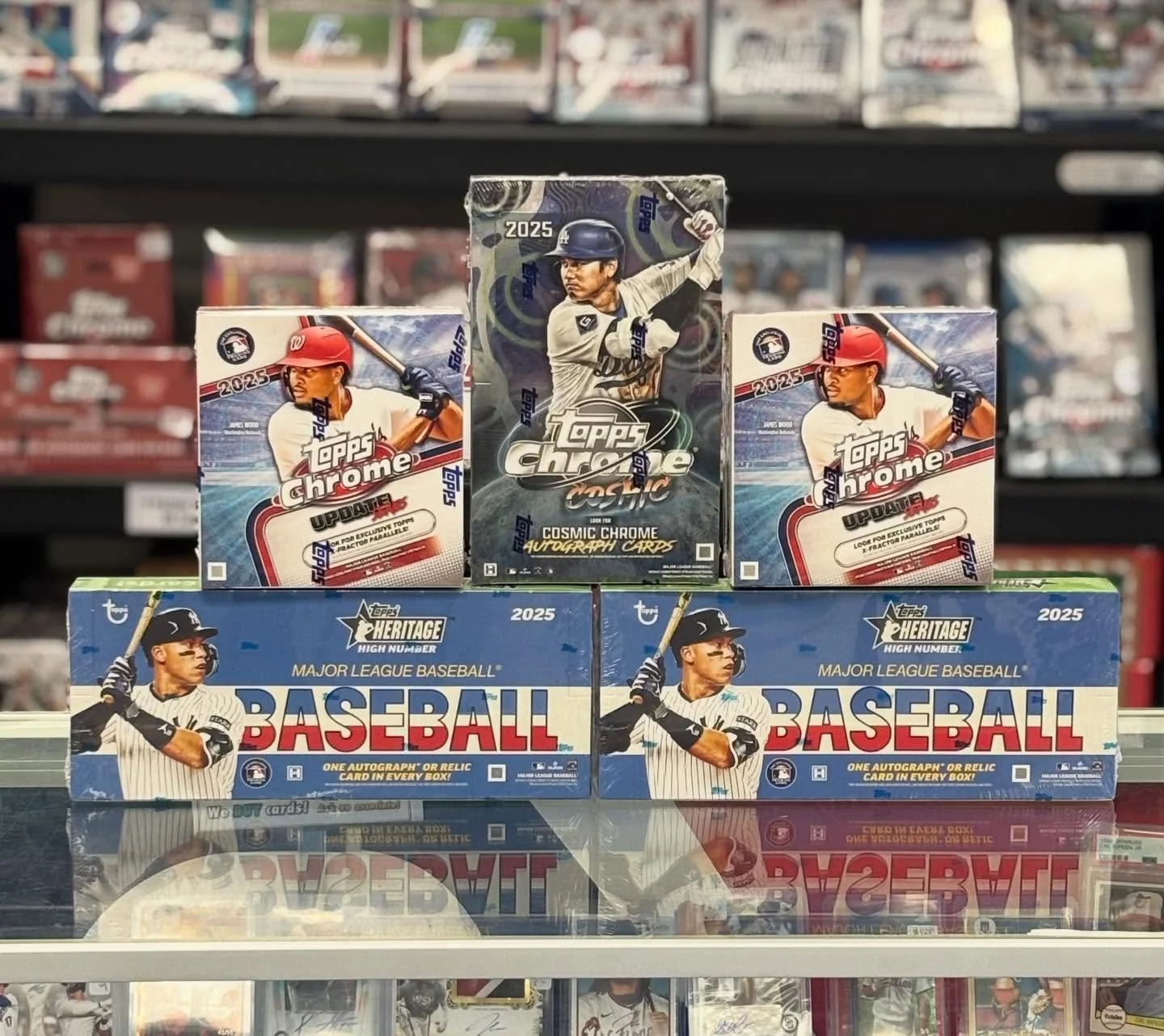 A jam packed @topps release day! Swing by the shop for a box today!

- 2025 Topps Chrome Cosmic Hobby Box 
- 2025 Topps Chrome Update Mega Box 
- 2025 Topps Heritage High Number Hobby Box