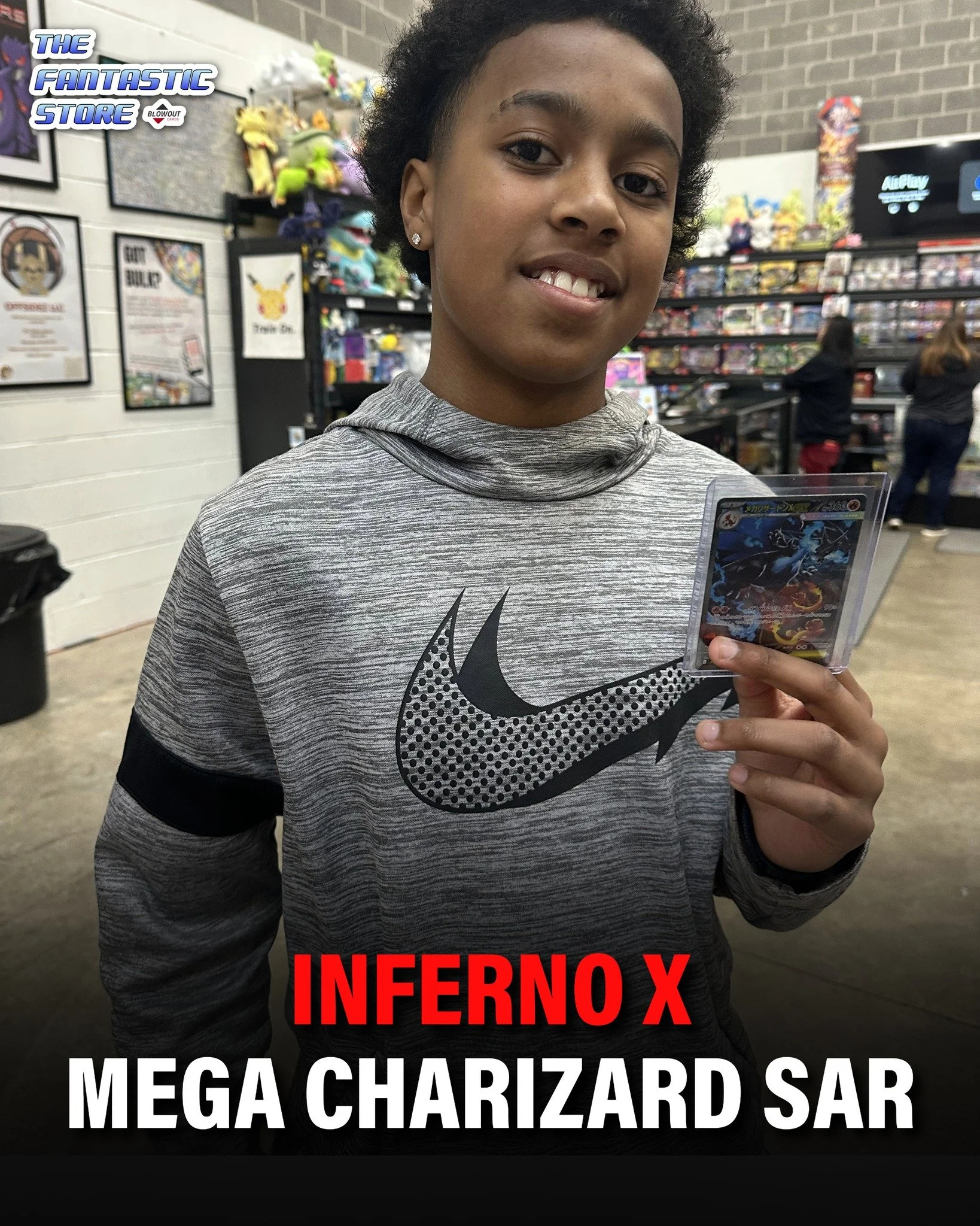 Take a look at Drew flexing this Japanese Mega Charizard EX SAR he pulled with us out of Inferno X! Elite artwork for an elite Pokemon. You can never go wrong with a Japanese Charizard!

Hope you're happy with your pull Drew, and hope to see you agai