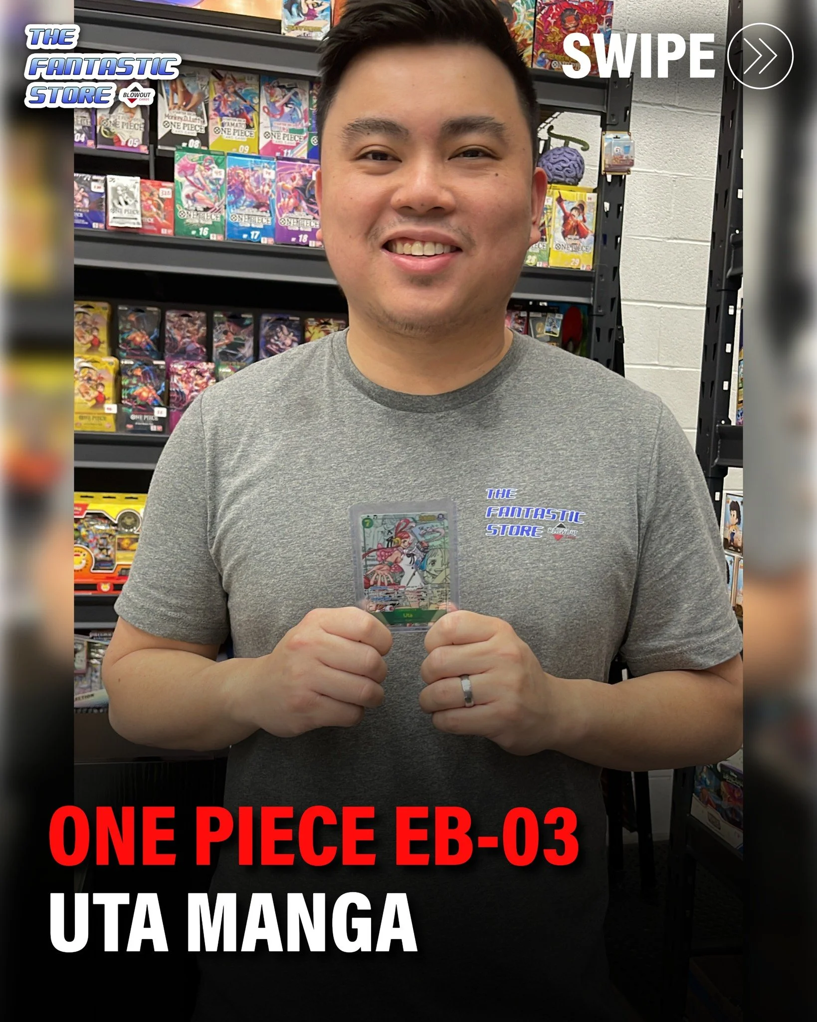 One of our team - T,  ripped a random single pack expecting the usual bulk, and pulled an Uta Manga instead! We couldn't believe it! Any manga is a welcome hit, so congratulations, T. 

(It should have been me 😂)

#onepiece #onepiecetcg #onepiececar