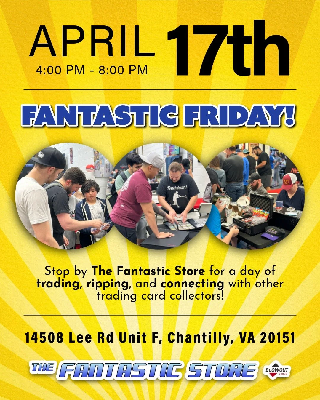 Just a reminder that our Fantastic Friday Trade Day is coming up this Friday, April 17th from 4:00 PM - 8:00 PM! Join our community and bring your collections! We hope to see you there.

#tradeday #tradeshow #tradingcards #sportscards #pokemoncards #