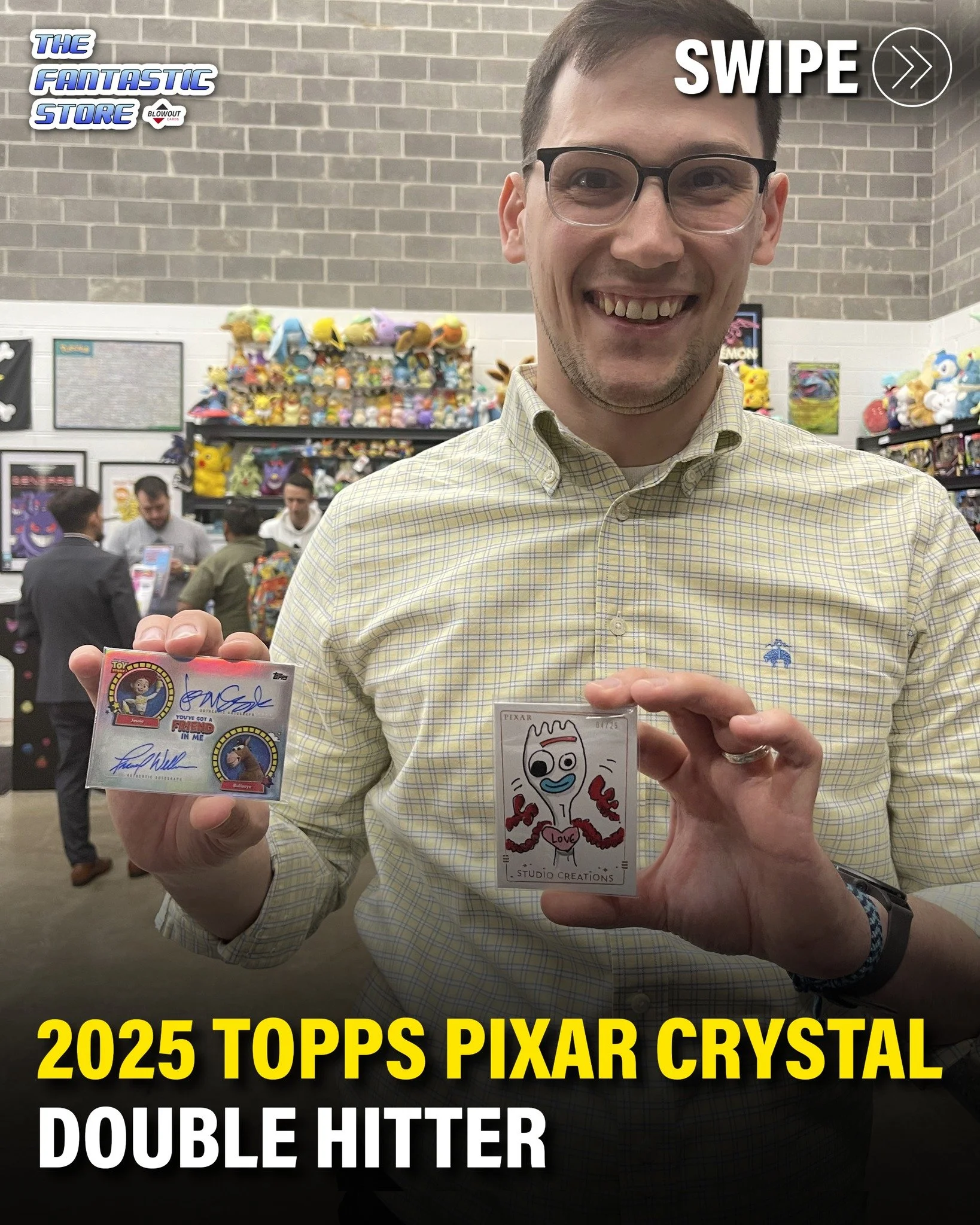 Jared was ripping a 2025 Topps Pixar Crystal 30 Years of Toy Story Hobby box in-store with us, and pulled two crispy hits!

In a single box, he pulled a Jessie + Bullseye "You've Got a Friend in Me" Dual Autograph and a Forky Studio Creatio