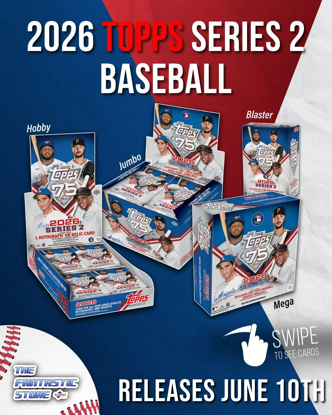 ⚾ 2026 Topps Series 2 Baseball releases Wednesday, June 10th!

Celebrate 75 years of Topps Baseball with anniversary-themed inserts and parallels, returning favorites like All Aces, Heavy Lumber, and Home Field, plus autographs, relics, City Connect 