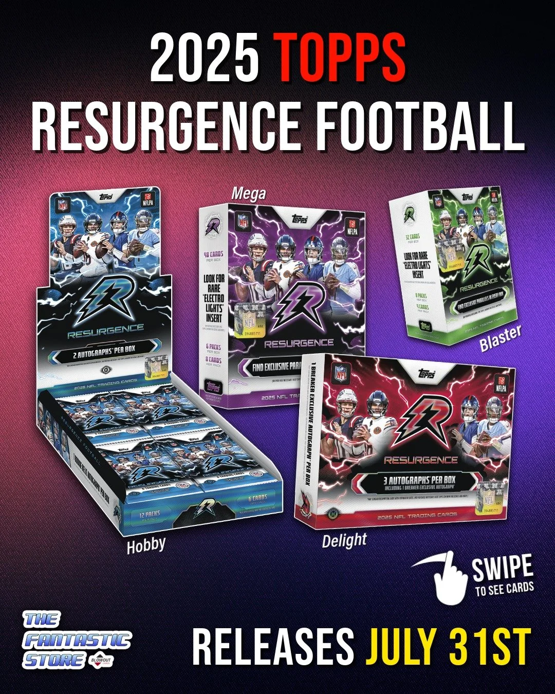 💫🏈 2025 Topps Resurgence Football arrives Friday, July 31st! Swipe to see a preview of some chase cards!

Chase ultra-rare inserts including String Theory, Perfect Fits, Wired and Electro-Lights, plus colorful autograph sets such as Neon Initiates 