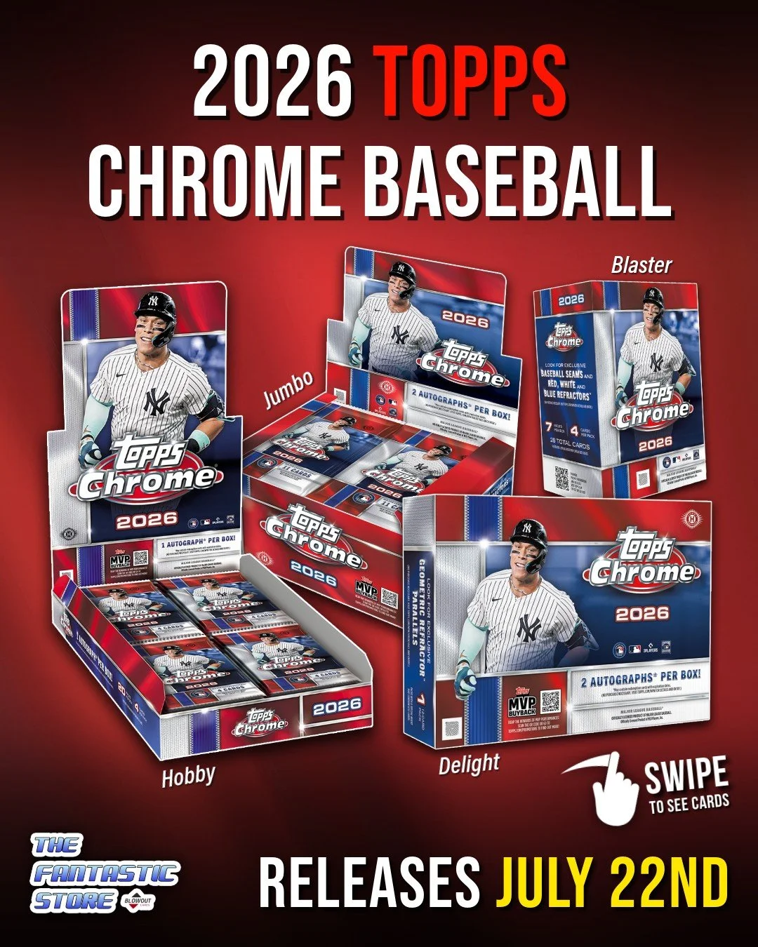 ⚾✨ 2026 Topps Chrome Baseball arrives Wednesday, July 22nd! Swipe for a preview of what&rsquo;s inside!

Featuring baseball&rsquo;s biggest stars, rookies and legends, plus colorful Refractor rainbows, on-card Rookie Autographs and an impressive line