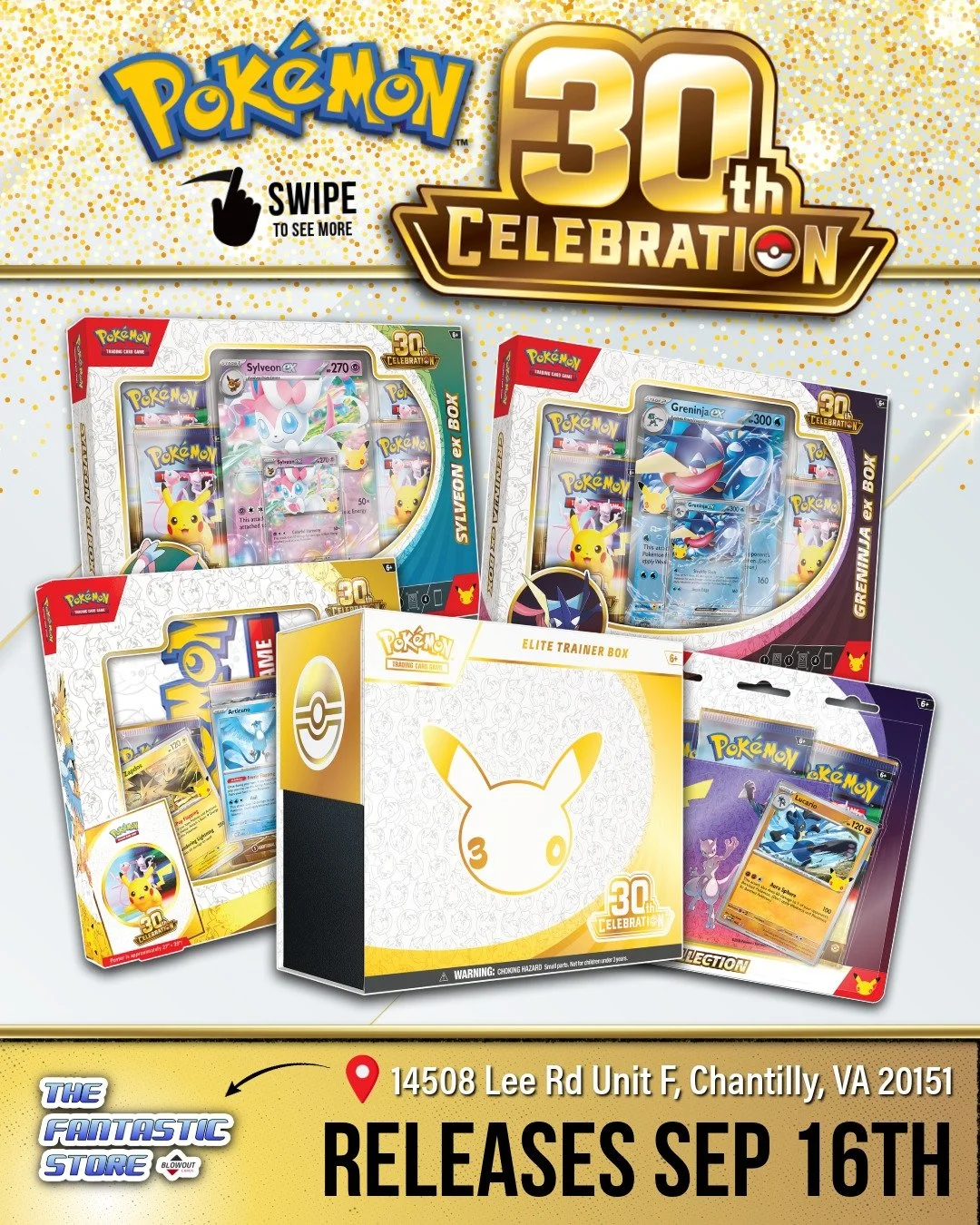 ✨ Pok&eacute;mon TCG: 30th Celebration releases Wednesday, September 16th at The Fantastic Store! Swipe for a preview of some of the new cards from the set, plus a look at the Classic Collection subset featuring reprints of fan-favorite cards from th
