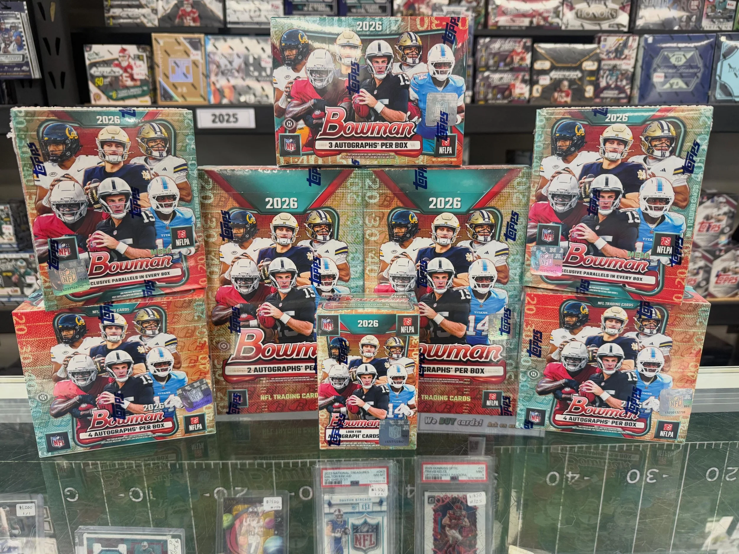 🏈 2026 Bowman Football Release Day 🏈 

Looking to chase the biggest names in college &amp; football? Swing by the shop to pick up a box today! 

Hobby, jumbo, delight, blaster, and mega boxes are available!