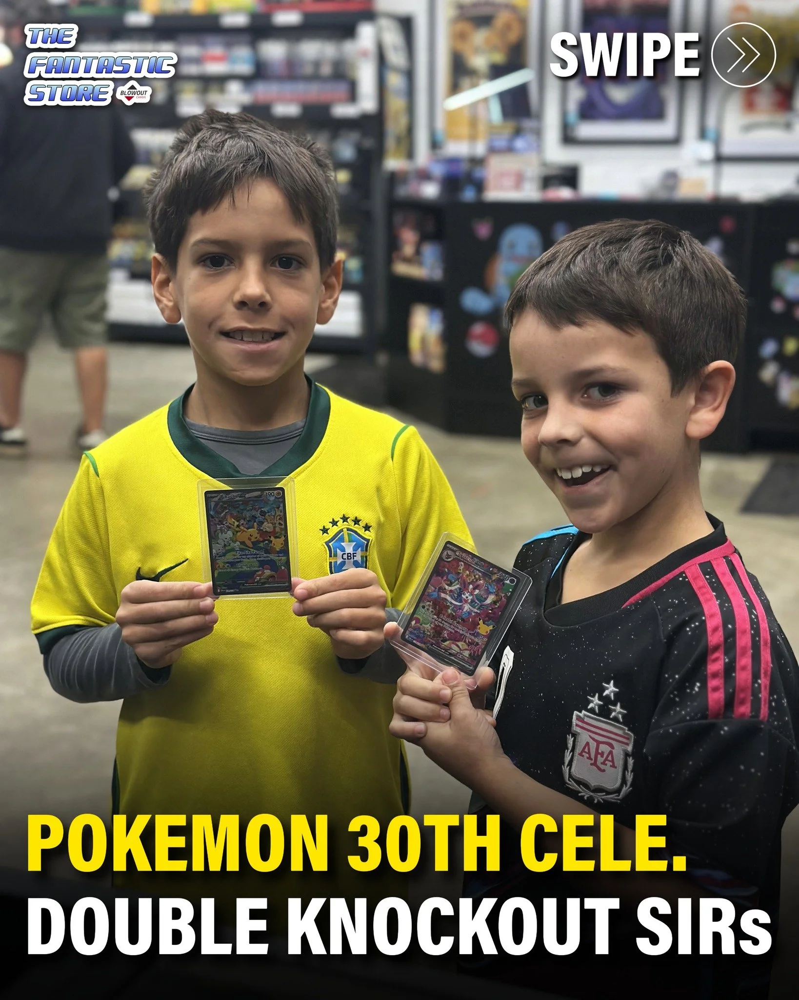Jack &amp; Elias each ripped one Pokemon 30th Celebration Knockout Box and both of them hit a Special Illustration Rare! What are the chances of that?! 

Thank you for sharing the experience with our team, and congratulations on the double hit.

#the