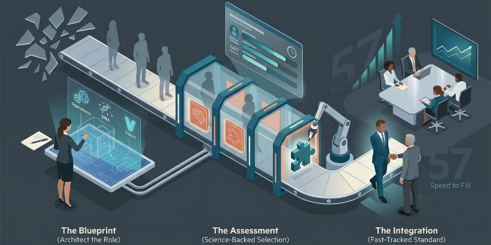 A detailed infographic illustrating a process from blueprinting in architecture to assessment and integration, including robotic assembly and business meetings.