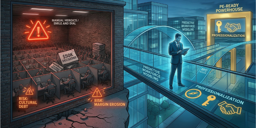 A split scene illustrating a contrast between manual decision-making in a dark room with risks like cultural debt and margin erosion, and modern, professional digital workflow in a bright, futuristic office with predictive modeling, professionalization, and successful ROI.