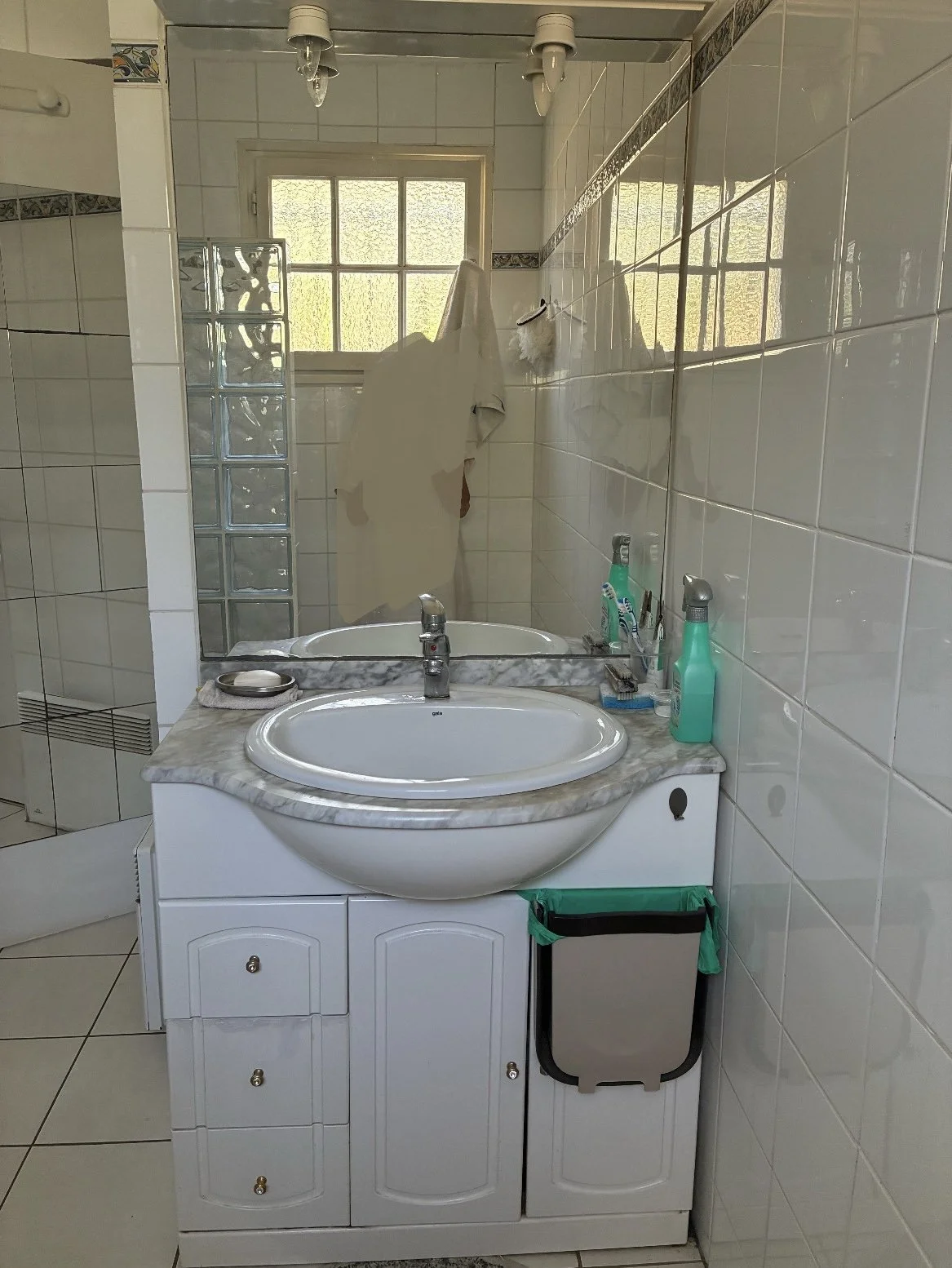 salle de bain avant rénovation, meuble vasque passé de mode, rangement difficile d'accès, sans tiroirs, atmoshère froide.