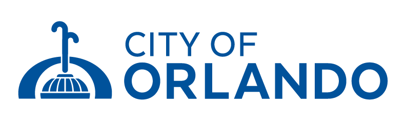 Logo of the City of Orlando featuring an outline of a fountain or monument with water spray above it, and text saying "City of Orlando" in blue.