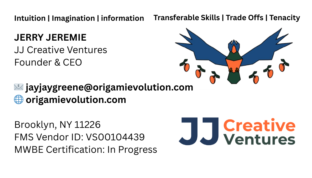 Business card for Jerry Jeremie, CEO of JJ Creative Ventures, featuring a stylized bird with outstretched wings and orange accents. Includes contact info, location, and professional skills like intuition, imagination, and transferable skills.