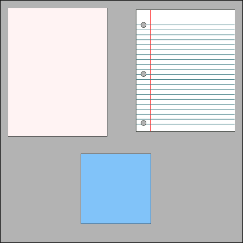 A notepad with lined paper, a purple sticky note, a blue sticky note, and a gray background.