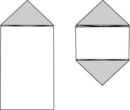 Two shapes with arrows pointing to them, one rectangular and one hexagonal, with gray triangles on top and bottom.