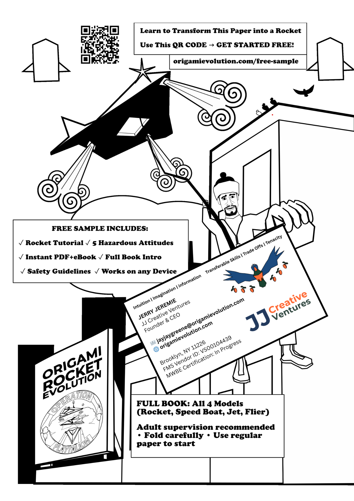 Black and white flyer advertising origami rocket evolution with a cartoon figure holding a string attached to a paper rocket. Includes QR code, business card, and various informational boxes about tutorials, safety guidelines, and a full book guide.