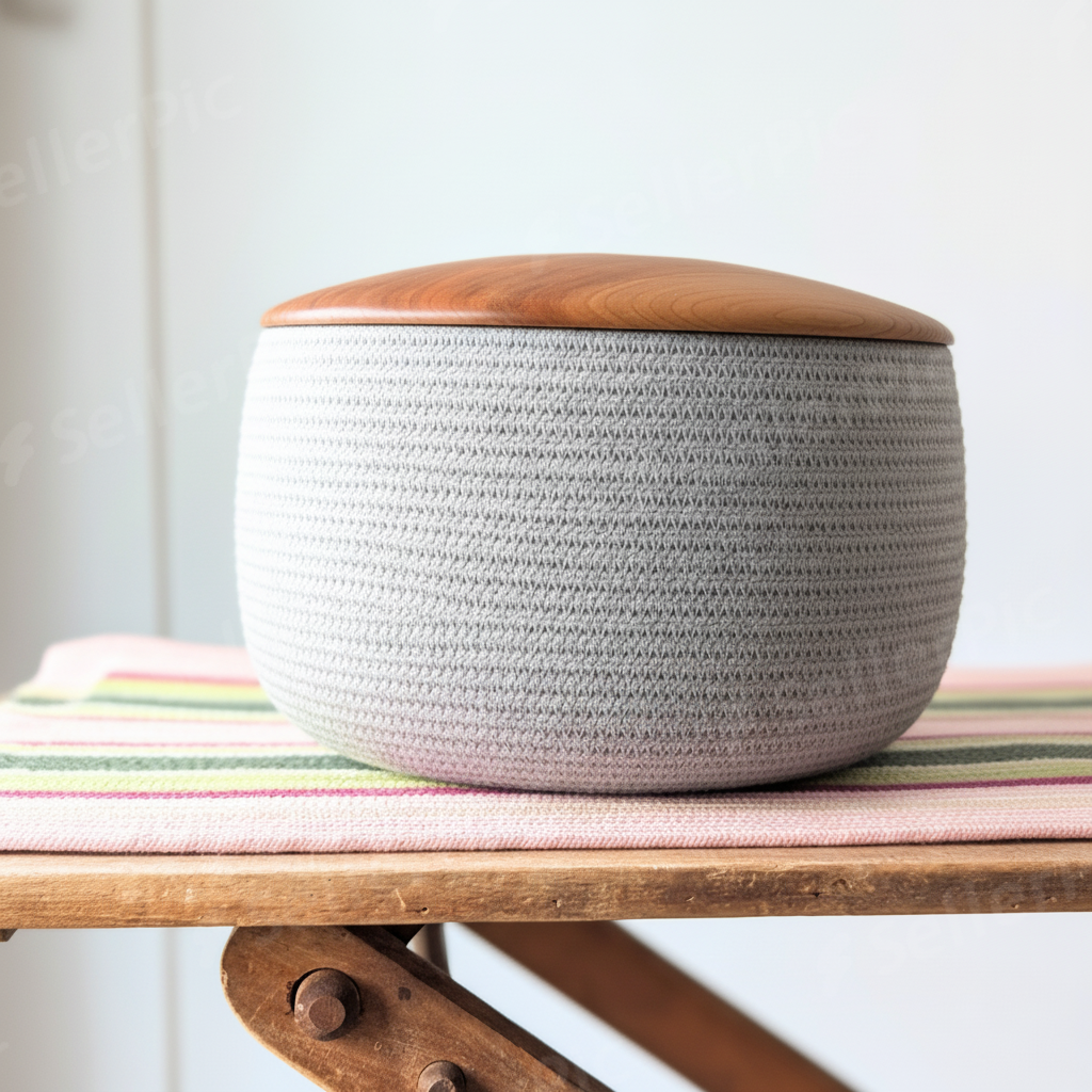 Hand-dyed 100 percent cotton rope basket. Hand-crafted 10 inch wood lid in Walnut or Cherry