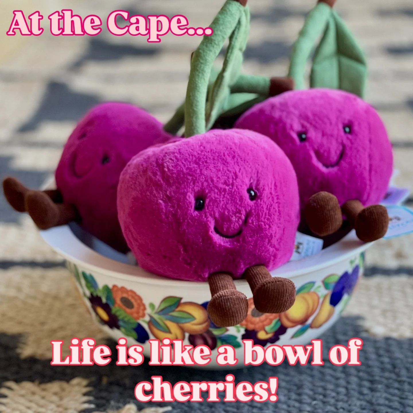 Life is like a bowl of cherries...and gorgeous late summer days at the Cape are especially sweet! #Abiyoyostore #Wellfleet #Capecod #jellycat #jellycatsofinstagram #abiyoyo