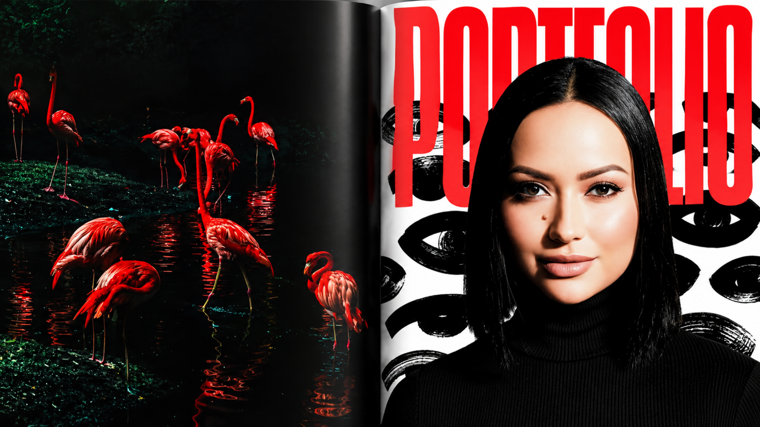 A magazine spread showing pink flamingos on the left and a woman with long black hair on the right, with bold red and black text in the background.