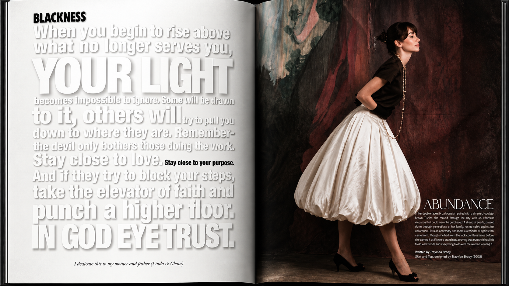 Open magazine spread with text on the left page and a woman posing on the right page. The text discusses the importance of staying close to your purpose and trusting in God, with a dedication to the author’s parents. The woman wears a black top and a voluminous white skirt, has dark hair styled in an updo, and stands in profile against a textured, dark background.