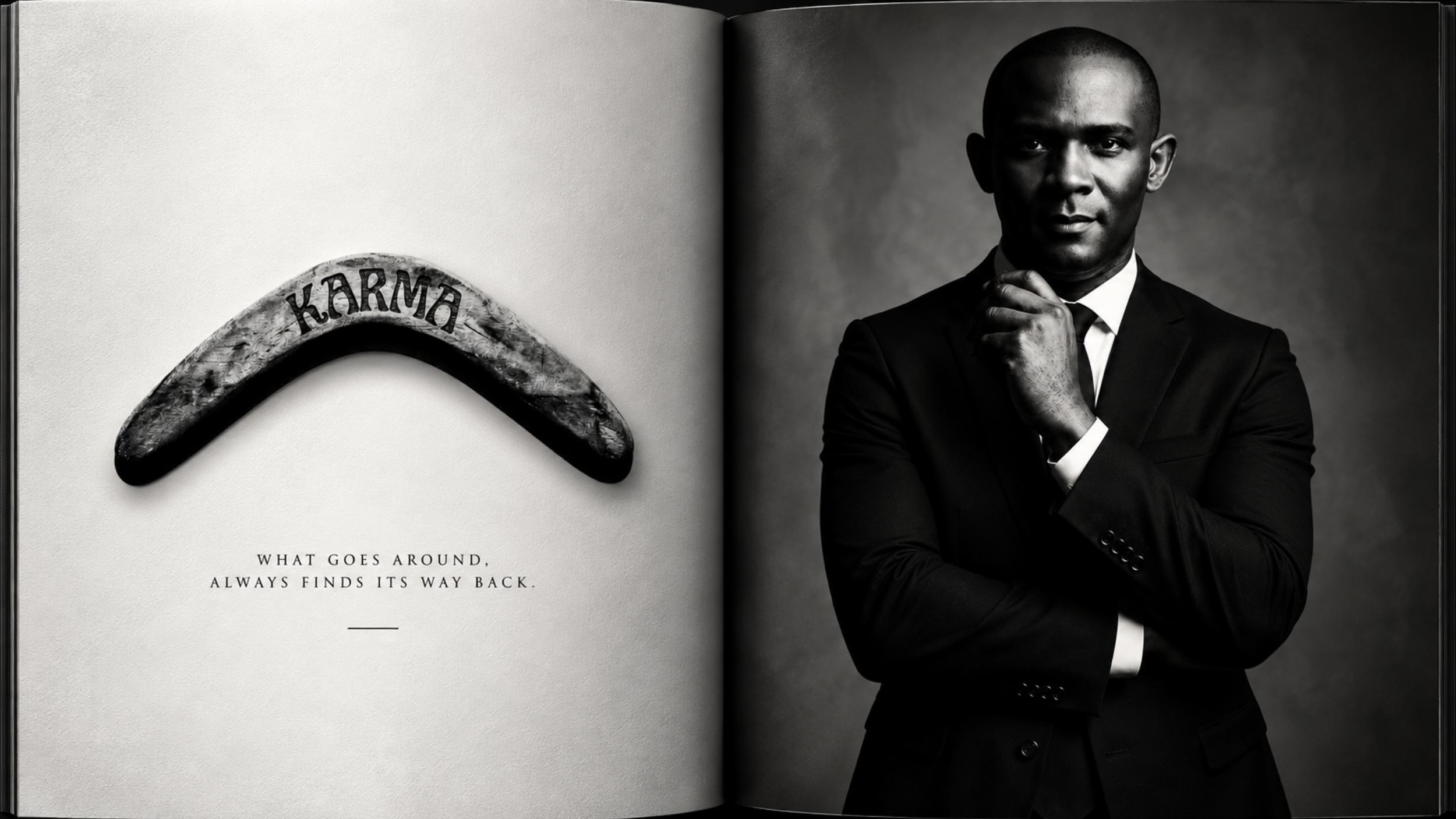 A black and white photo of a man in a suit with a contemplative expression, hand near chin, on the right page. On the left page, a curved wooden object with the word 'KARMA' engraved on it, and the caption: 'What goes around, always finds its way back.'