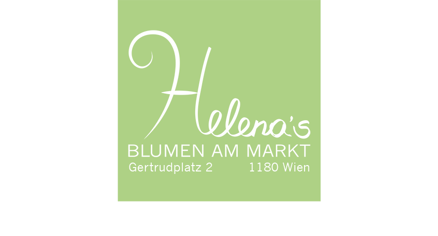 Logo von Hellena's Blumen am Markt, mit Adresse Gertrudplatz 2, 1180 Wien, auf grünem Hintergrund.