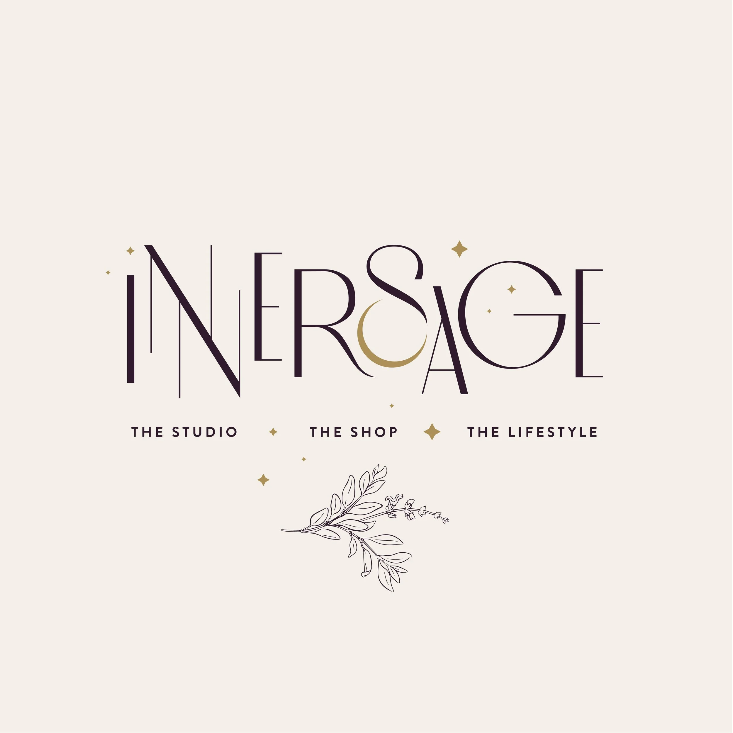 Logo for 'Inerage' with a decorative branch illustration and the tagline 'The Studio, The Shop, The Lifestyle' on a light background.