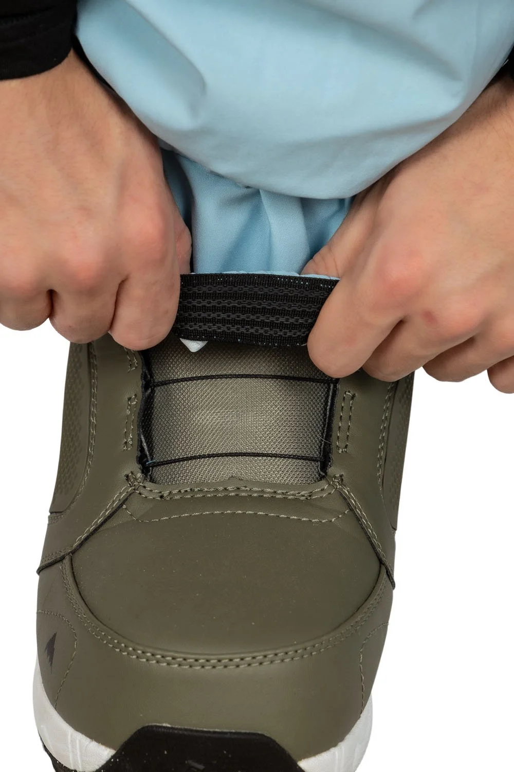 Close-up of non-slip elastic snow gaiter inside Ballad Blue Snowripper Drift Pants.