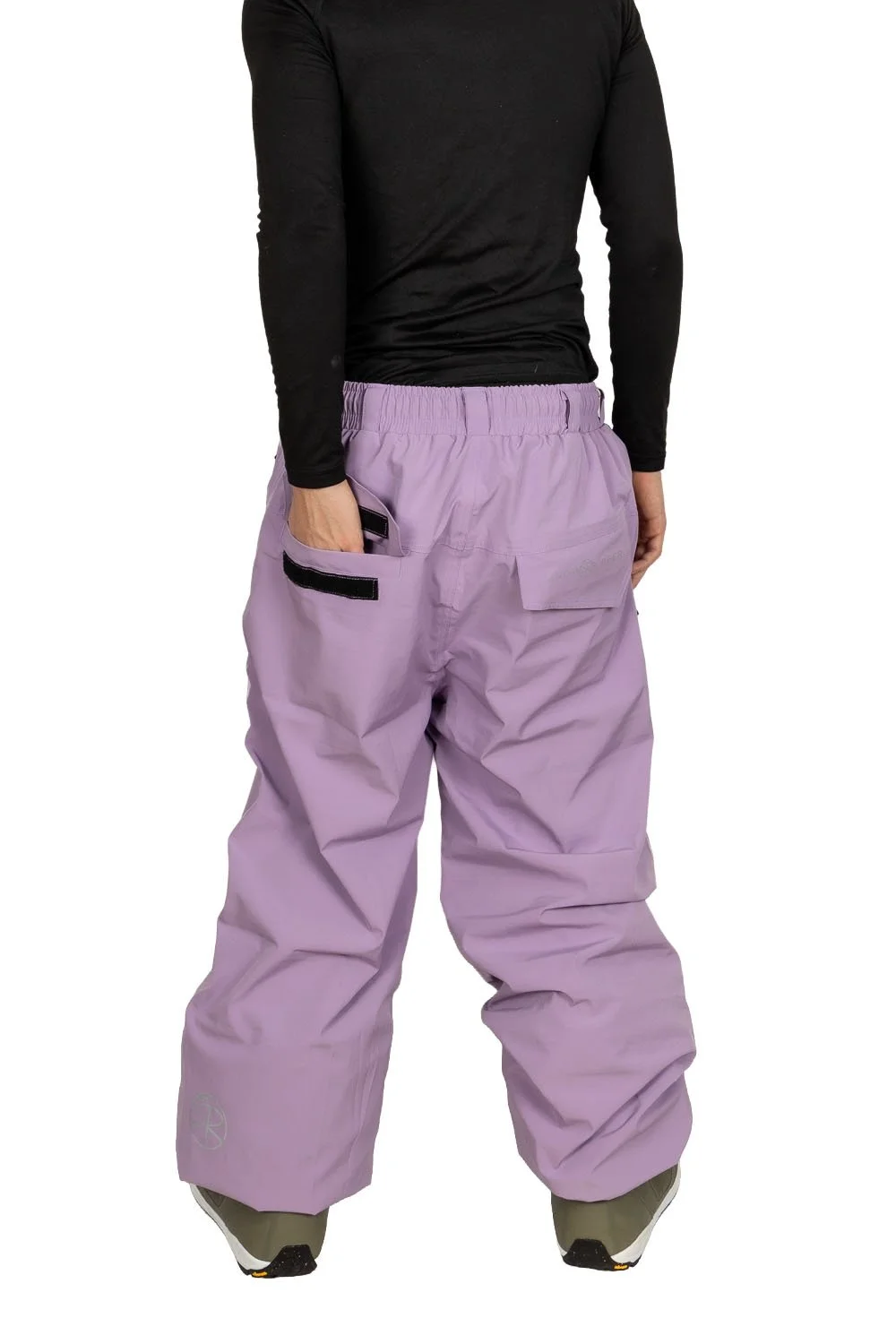 Back view of Snowripper Drift Pants in Thistle with hands in back pockets highlighting logo placement.