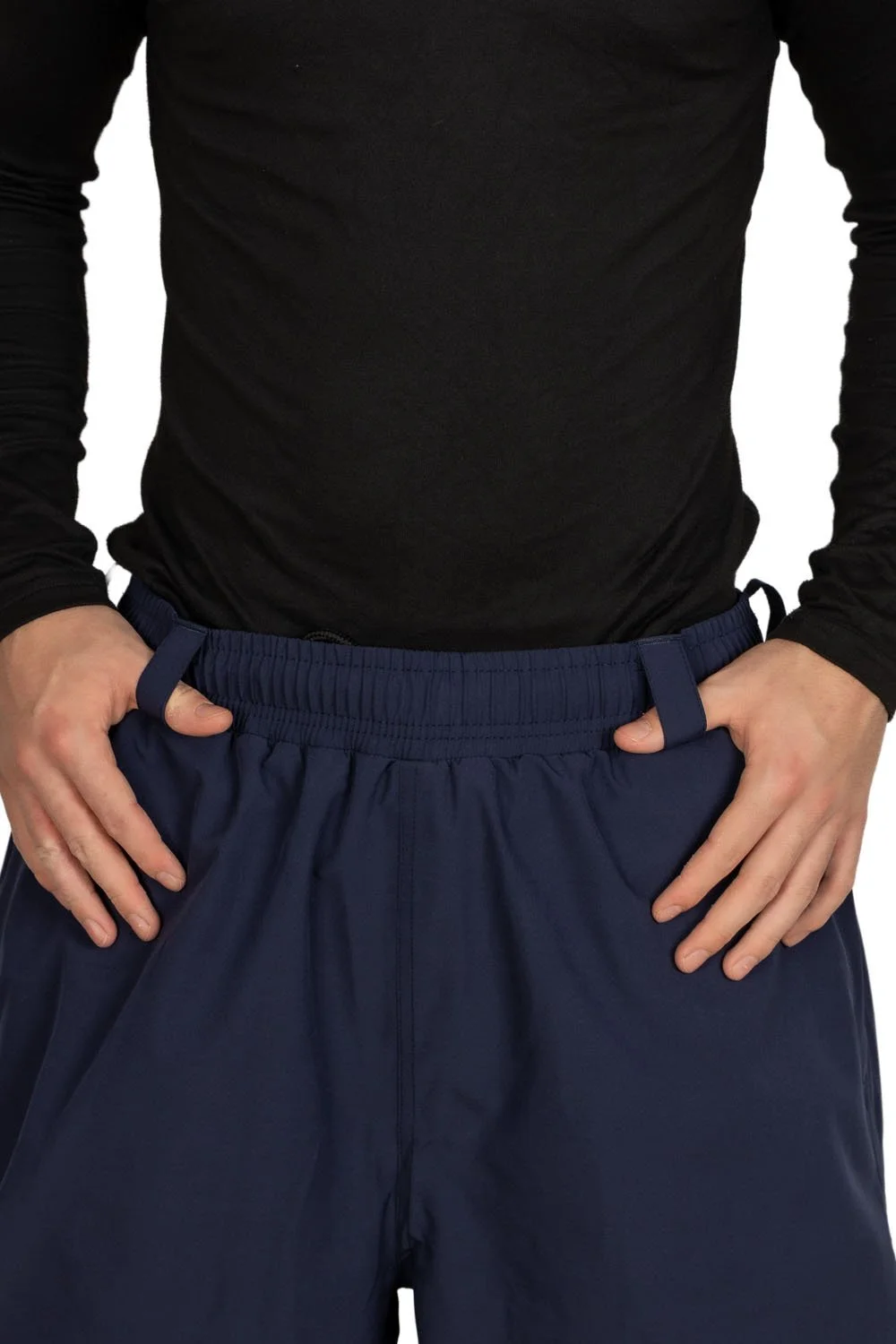 Close-up of thick elastic waistband and oversized belt loops on Crown Blue Snowripper Drift Pants with no external drawstring.