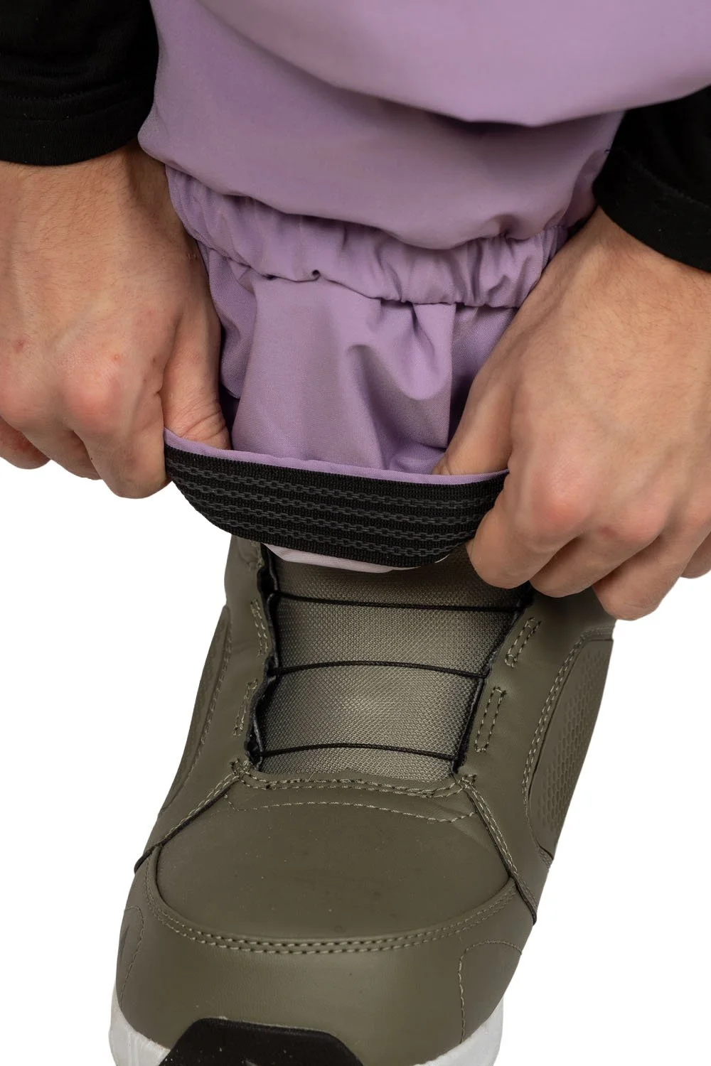 Close-up of non-slip elastic snow gaiter inside Thistle Snowripper Drift Pants.