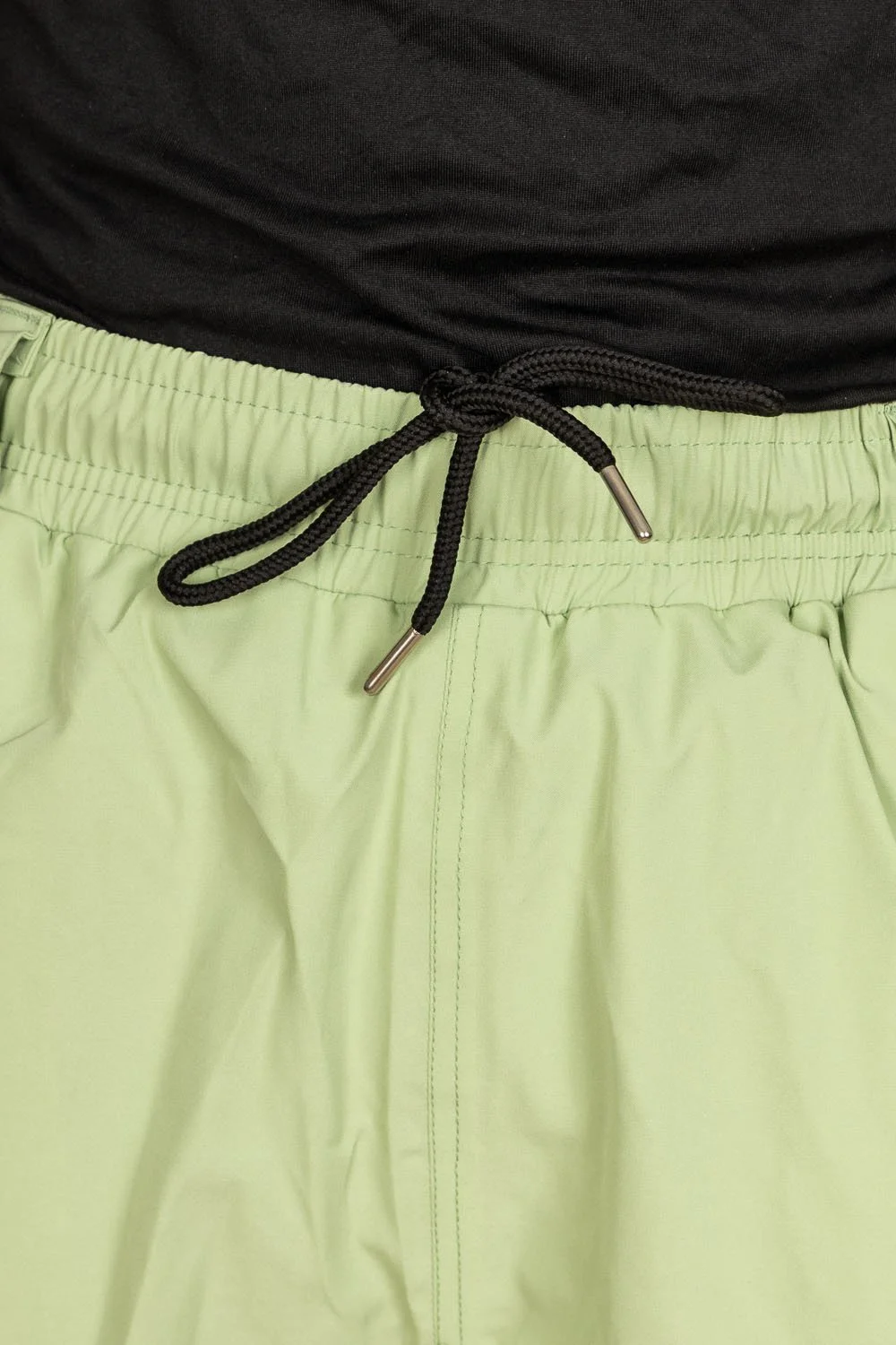 Close-up of tied internal drawstring on Mist Green Snowripper Drift Pants waistband.